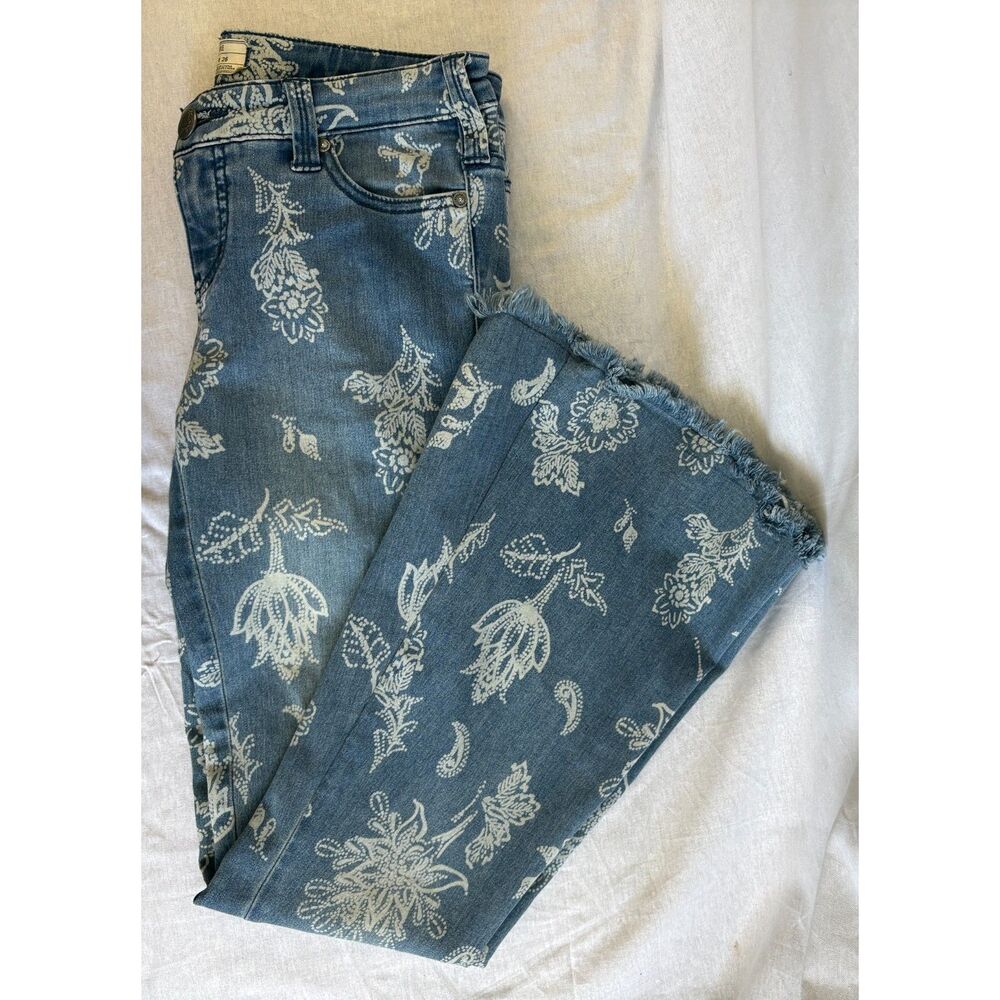 Free People W26 Floral Paisley Print Flare Jeans Raw Hem Boho